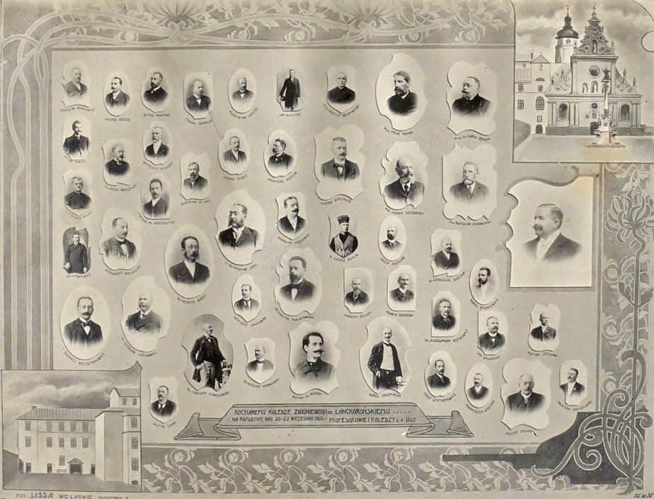 1904 - Tablo na pamiątkę gospodarza spotkania maturzystów rocznika 1869 gimnazjum im Franciszka Józefa I - ks. Bilski - trzeci od góry w pierwszym rzędzie od lewej